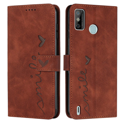 Brown leather wallet phone case with heart pattern and flip cover, side button opening