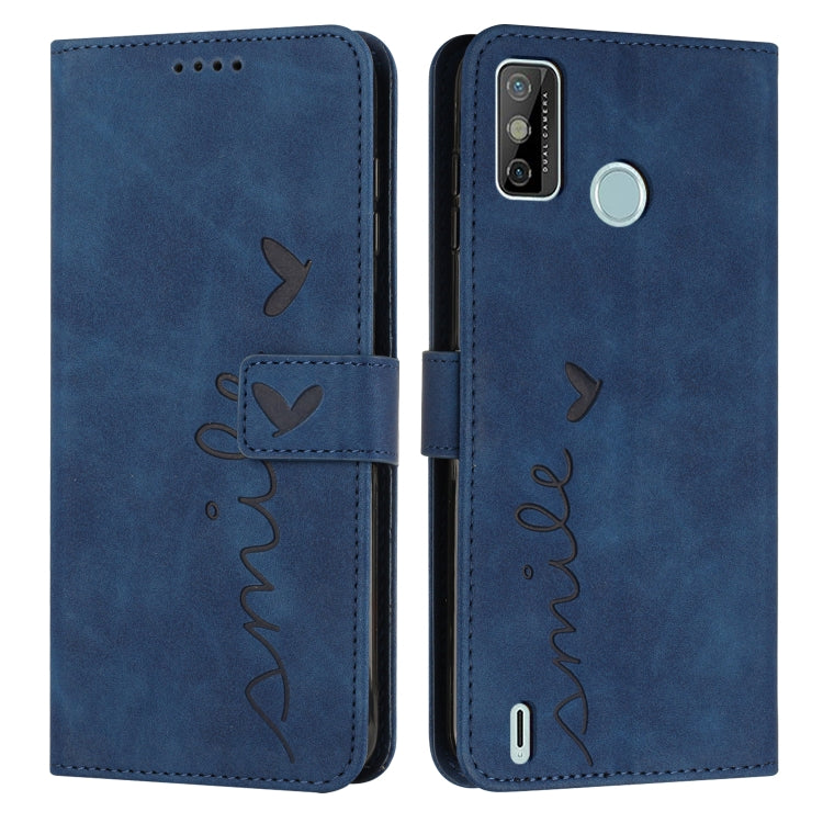 Blue leather wallet phone case with heart pattern and flip cover, side button opening