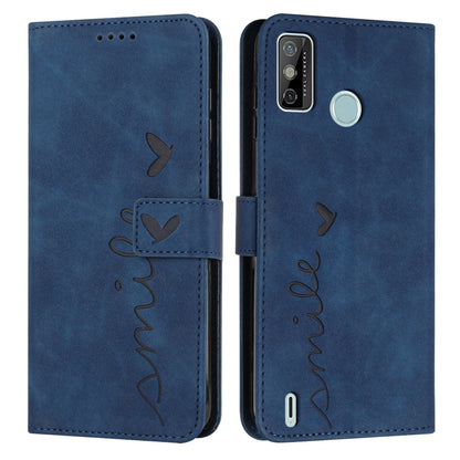 Blue leather wallet phone case with heart pattern and flip cover, side button opening