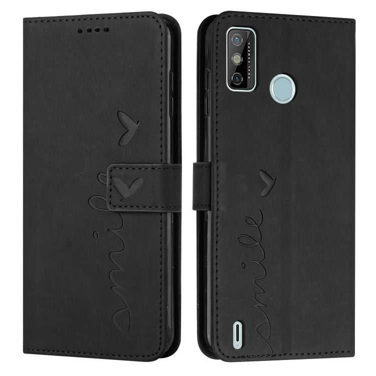 Black leather wallet phone case with heart pattern and flip cover, side button opening