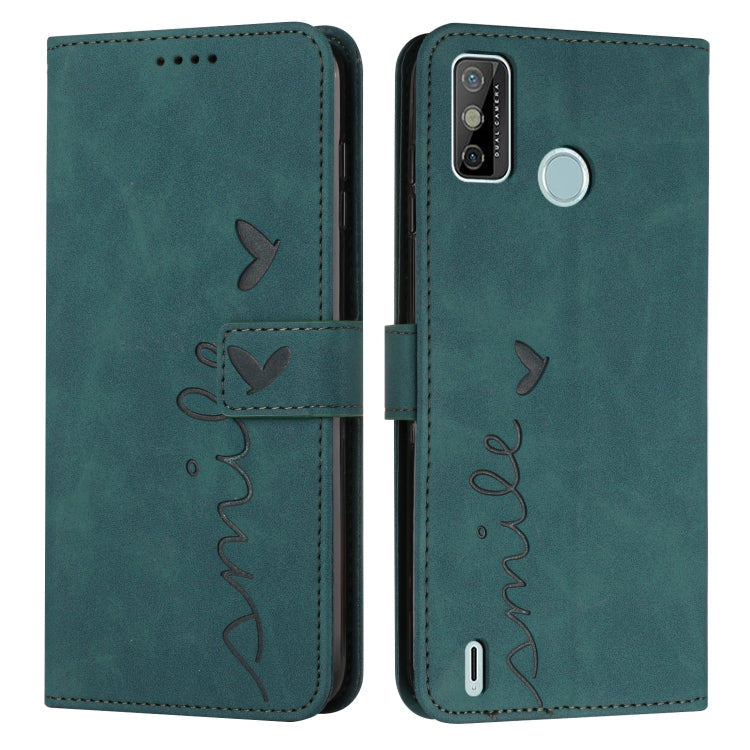 Teal leather phone case with heart-pattern stitching, front flap and camera cutout
