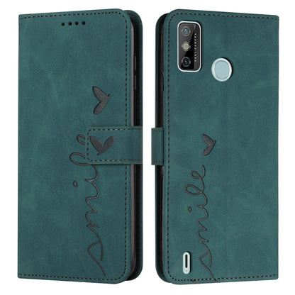 Teal leather phone case with heart-pattern stitching, front flap and camera cutout