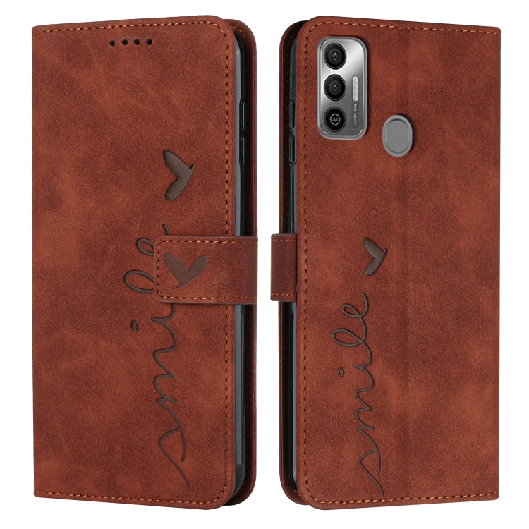 Brown leather phone case with heart-pattern stitching, front flap and camera cutout