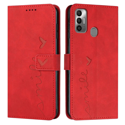 Red leather phone case with heart-pattern stitching, front flap and camera cutout