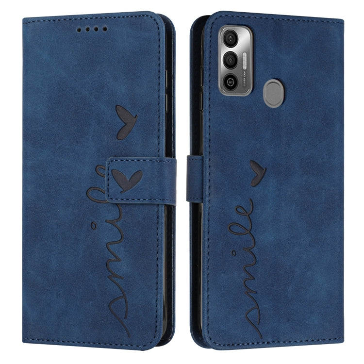 Blue leather phone case with heart-pattern stitching, front flap and camera cutout
