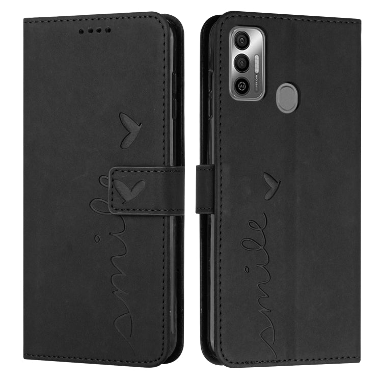 Dark gray leather phone case with heart-pattern stitching, front flap and camera cutout