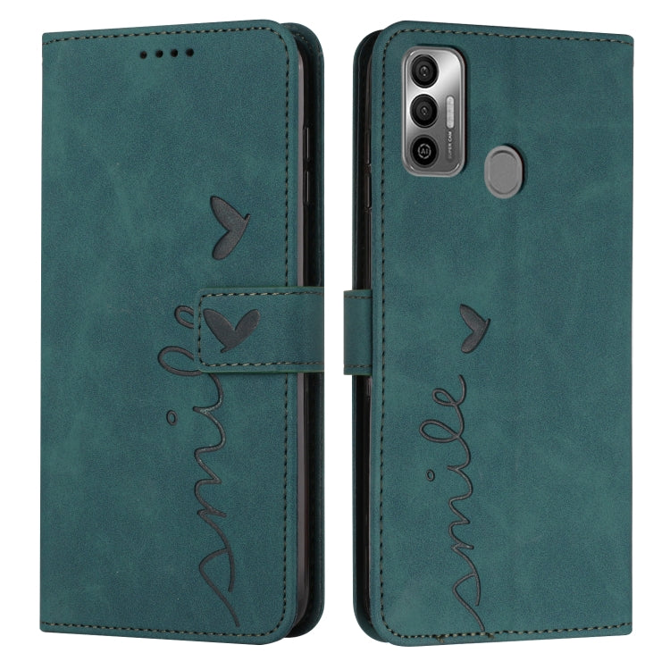 Teal leather wallet-style phone case with heart-pattern stitching and side camera opening