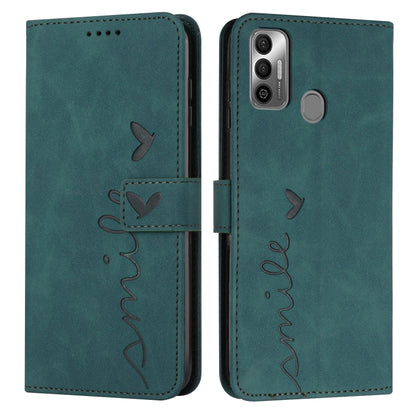 Teal leather wallet-style phone case with heart-pattern stitching and side camera opening