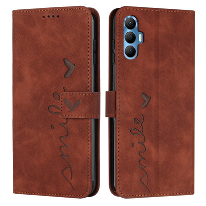 Brown leather wallet-style phone case with heart-pattern stitching and side camera opening