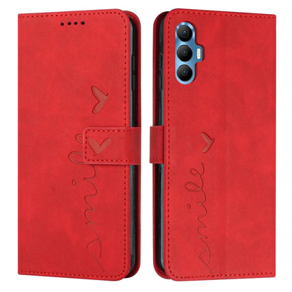 Red leather wallet-style phone case with heart-pattern stitching and side camera opening
