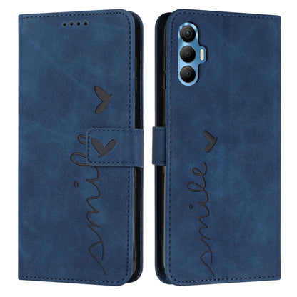Blue leather wallet-style phone case with heart-pattern stitching and side camera opening