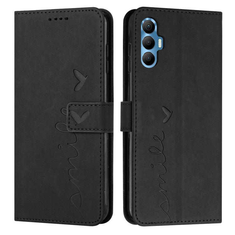 Black leather wallet-style phone case with heart-pattern stitching and side camera opening