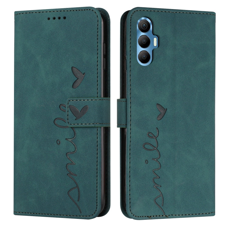 Teal faux-leather phone case with heart and butterfly pattern, flap wallet style.