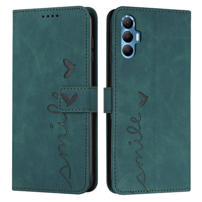 Teal faux-leather phone case with heart and butterfly pattern, flap wallet style.