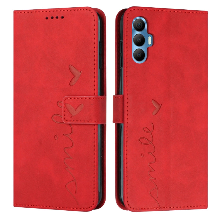 Red faux-leather phone case with heart and butterfly pattern, flap wallet style.