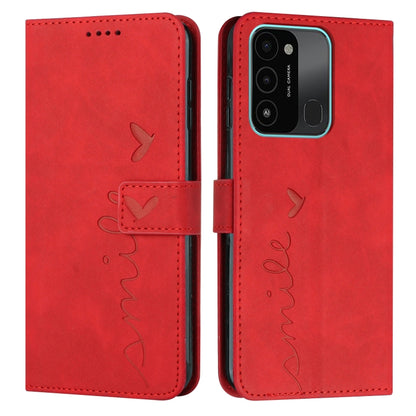 Red faux-leather phone case with heart and butterfly pattern, flip cover with camera cutout.
