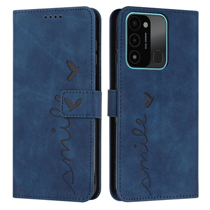 Blue faux-leather phone case with heart and butterfly pattern, flip cover with camera cutout.