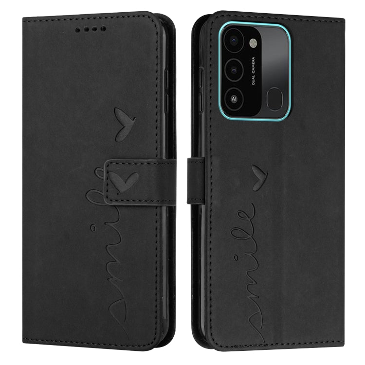 Black faux-leather phone case with heart and butterfly pattern, flip cover with camera cutout.