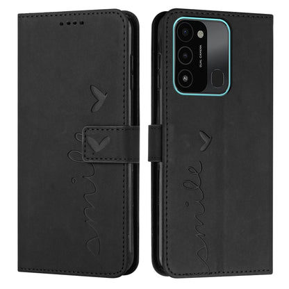 Black faux-leather phone case with heart and butterfly pattern, flip cover with camera cutout.