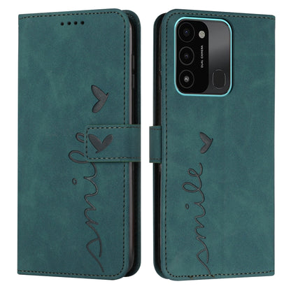 Green leather wallet phone case with heart-and-arrow pattern, side cutouts and camera opening