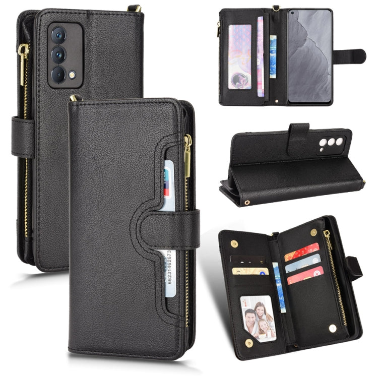 Black litchi-textured zipper leather phone case with card slots and strap