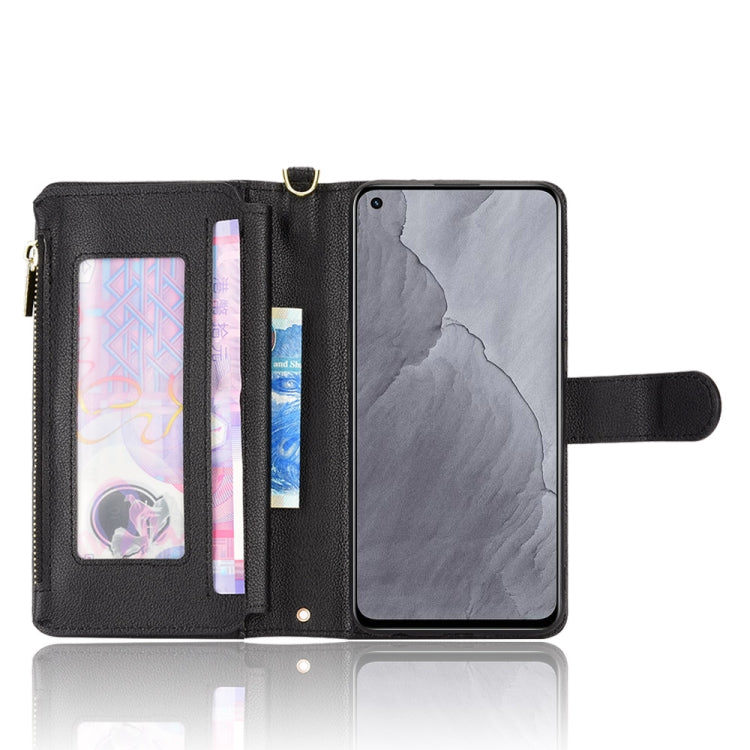 Black litchi-textured leather phone case with flip cover, card slots, and zipper