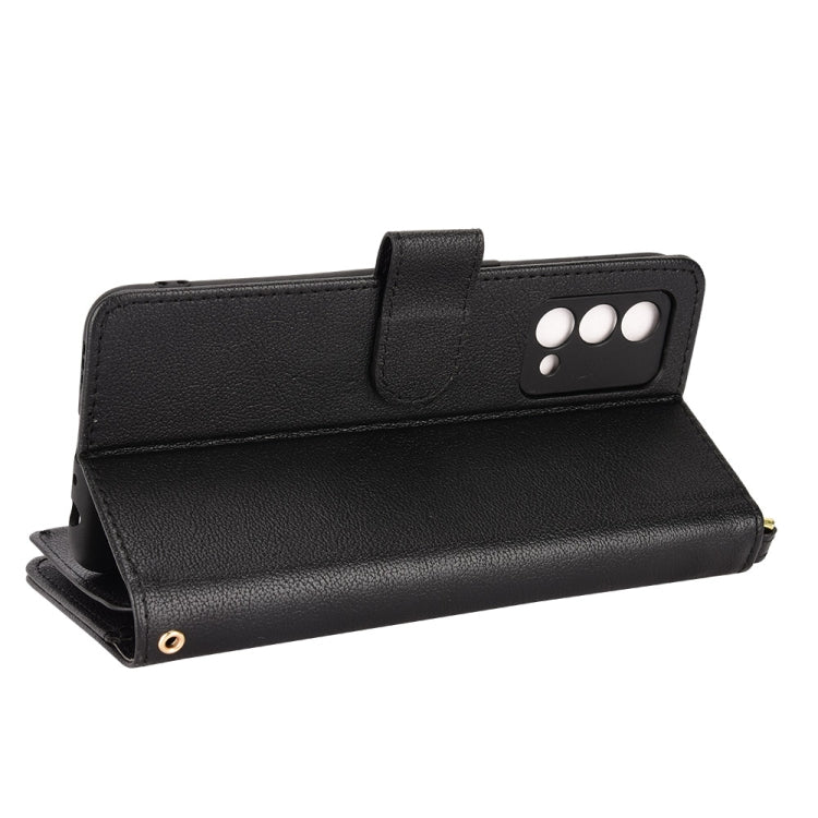 Black litchi-textured leather phone case with folio stand and magnetic flap