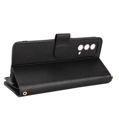 Black litchi-textured leather phone case with folio stand and magnetic flap