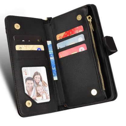 Black litchi-textured leather phone case wallet with card slots and zipper pocket