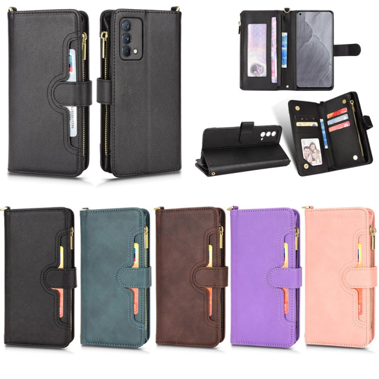 Litchi-textured zipper leather phone cases in black, teal, brown, purple, and pink
