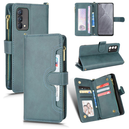 Teal litchi-textured zipper leather phone case with card slots and belt strap