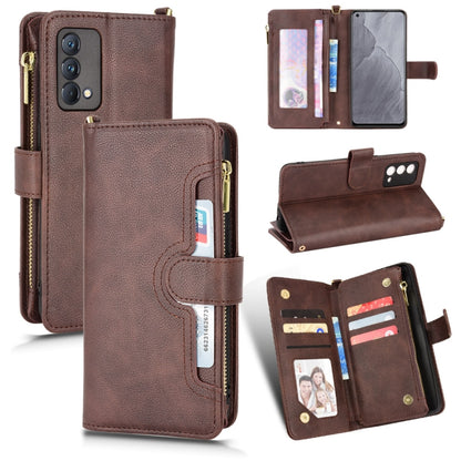 Brown litchi-textured zipper leather phone case with card slots and belt strap