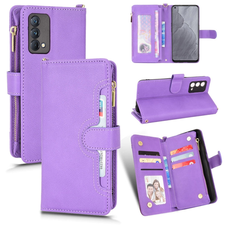 Purple litchi-textured zipper leather phone case with card slots and belt strap