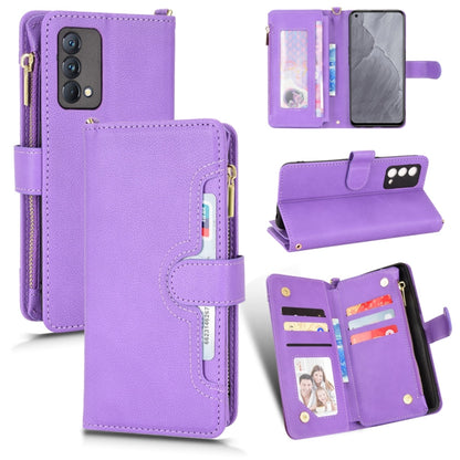 Purple litchi-textured zipper leather phone case with card slots and belt strap