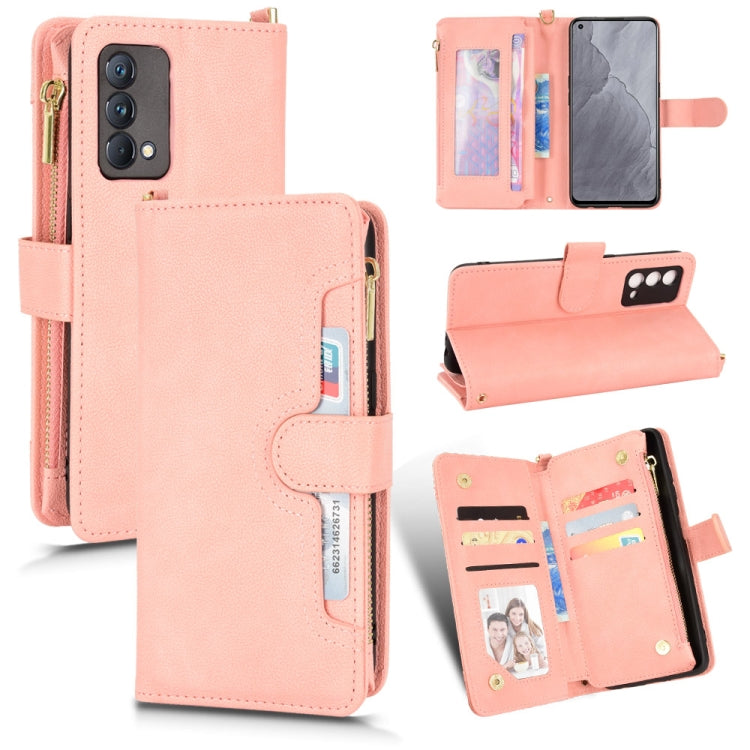 Pink litchi-texture leather phone case with zipper, folio stand, and card slots.