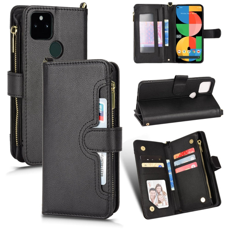 Black litchi-texture leather phone case with zipper, wallet folio, and card pockets.