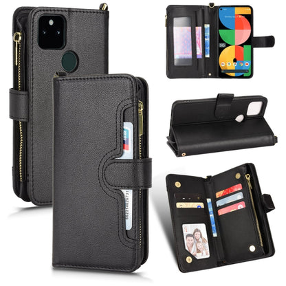 Black litchi-texture leather phone case with zipper, wallet folio, and card pockets.