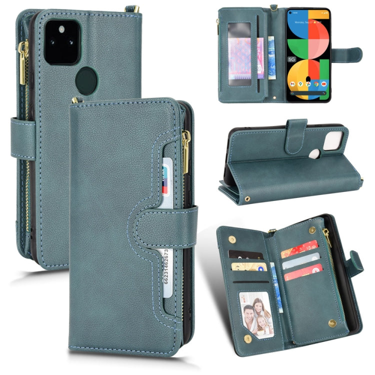 Teal litchi-texture leather phone case with zipper, folio stand, and card slots.