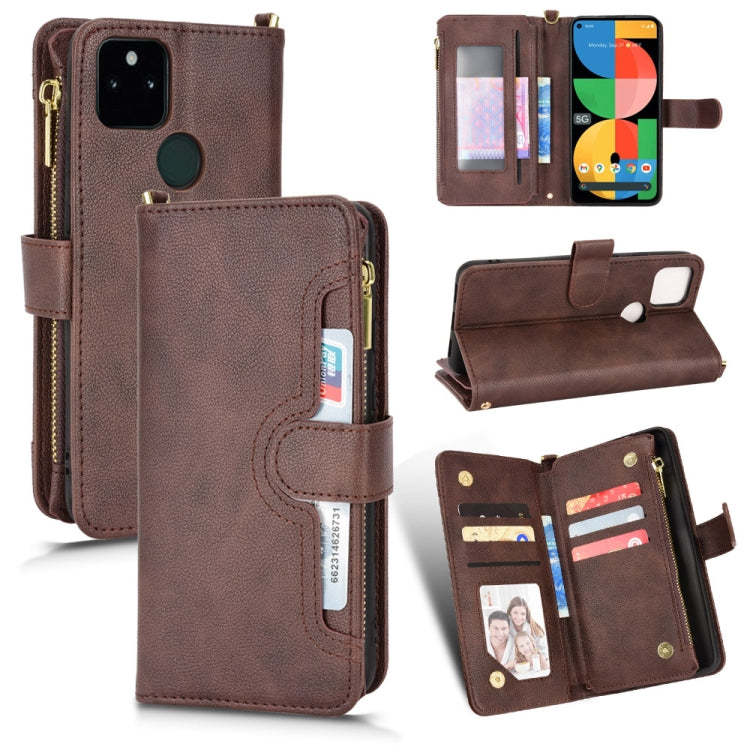 Brown litchi-texture leather phone case with zipper, folio stand, and card pockets.