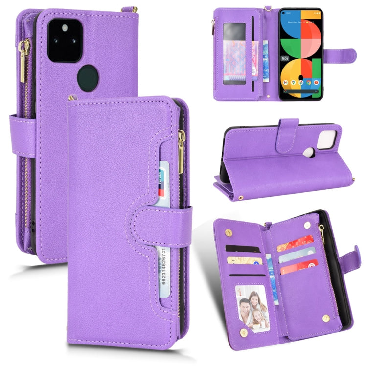 Purple litchi-texture leather phone case with zipper, folio stand, and card slots.