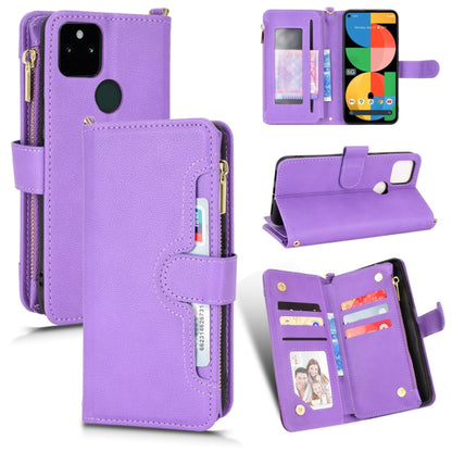 Purple litchi-texture leather phone case with zipper, folio stand, and card slots.