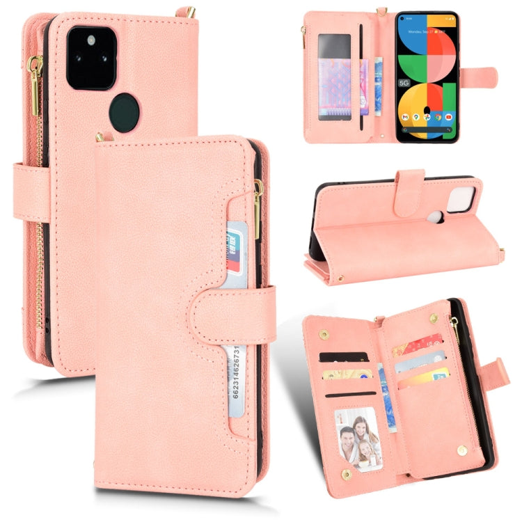Pink litchi-texture leather phone wallet case with zipper and card compartments.