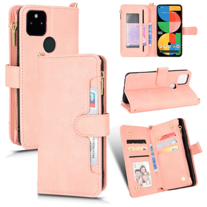 Pink litchi-texture leather phone wallet case with zipper and card compartments.