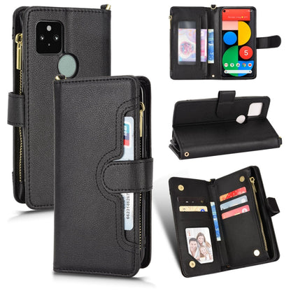 Black litchi-texture leather phone wallet case with zipper and card compartments.