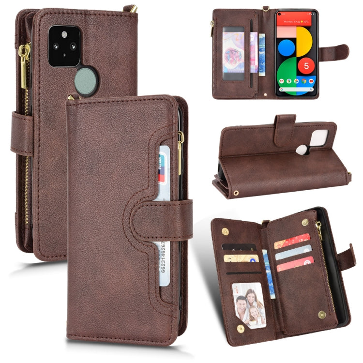Brown litchi-texture leather phone wallet case with zipper and card compartments.