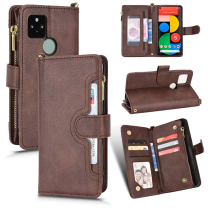 Brown litchi-texture leather phone wallet case with zipper and card compartments.