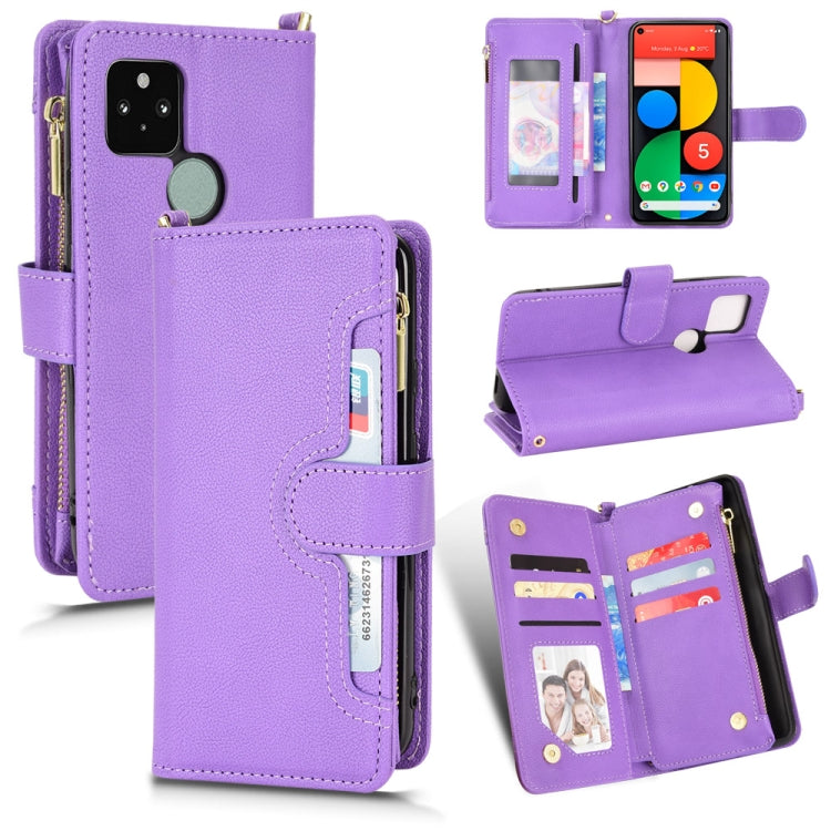 Purple litchi-texture leather phone wallet case with zipper and card compartments.