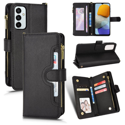 Black litchi texture zipper leather phone case with card slots and folding stand
