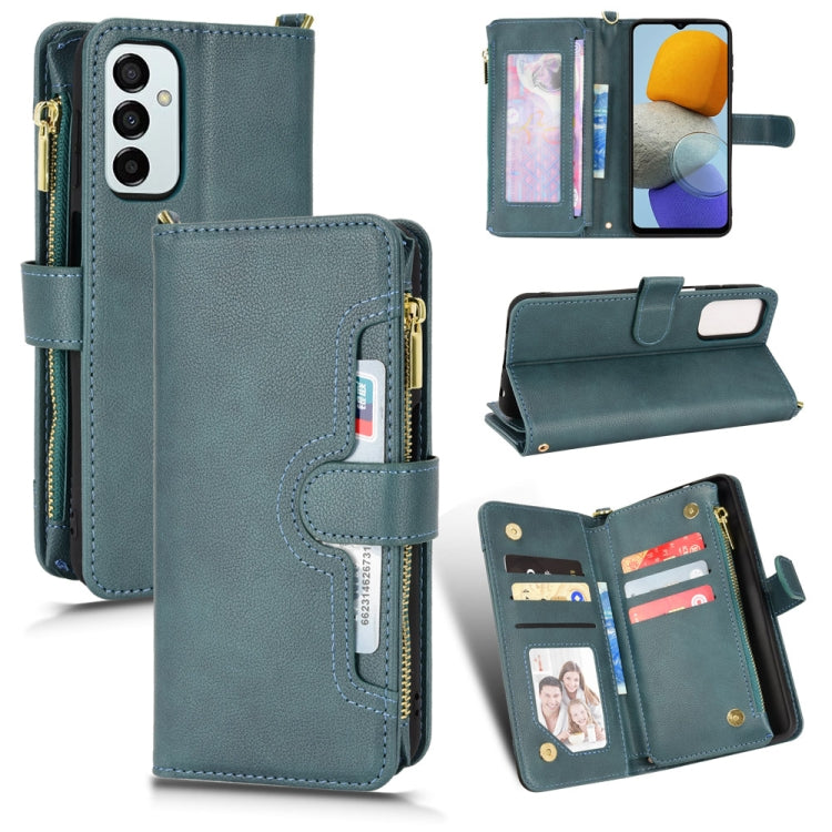 Teal litchi texture zipper leather phone case with card slots and folding stand
