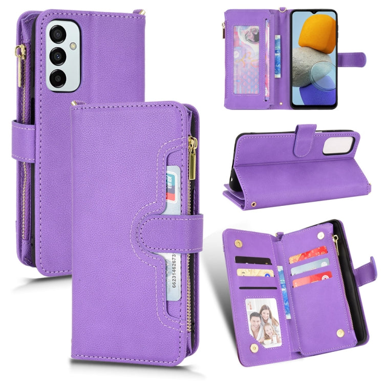 Purple litchi texture zipper leather phone case with card slots and folding stand